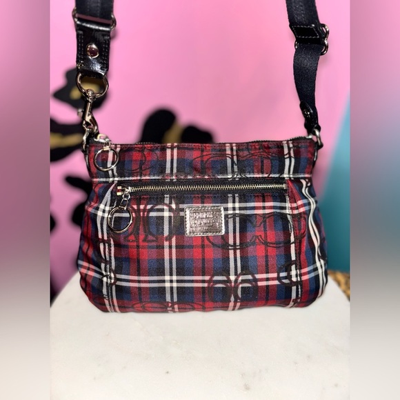 Coach Poppy Red and Blue plaid Crossbody Bag with Silver logo hardware Hardware - Picture 1 of 9